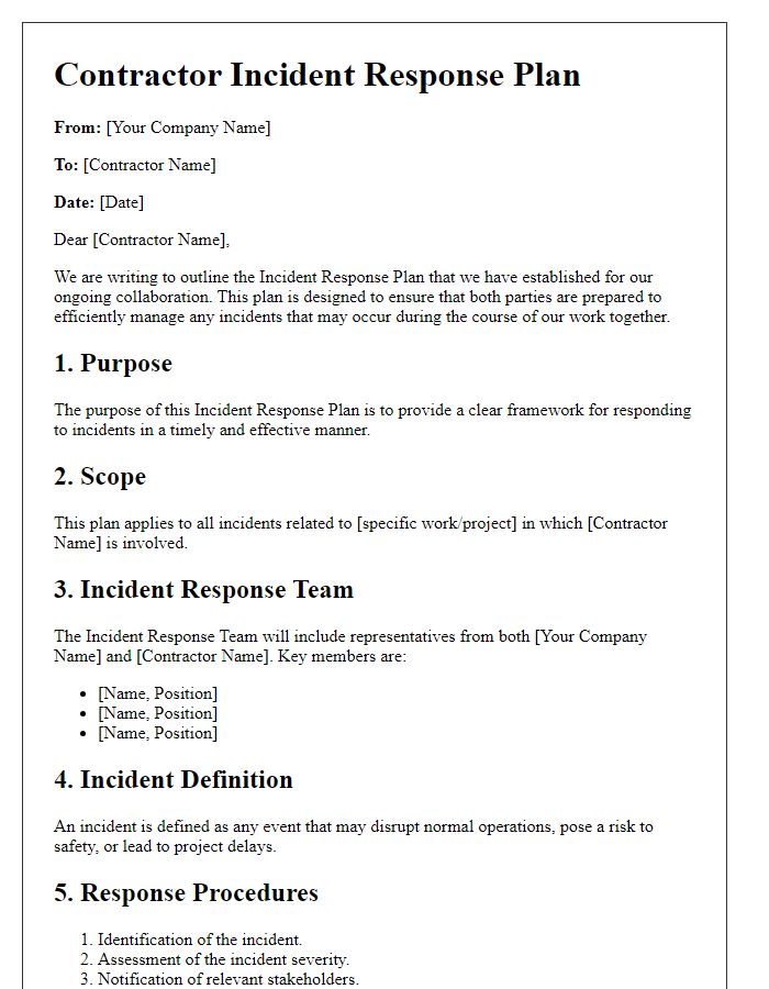 Letter template of contractor incident response plan.