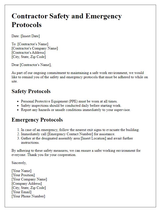 Letter template of contractor safety and emergency protocols.