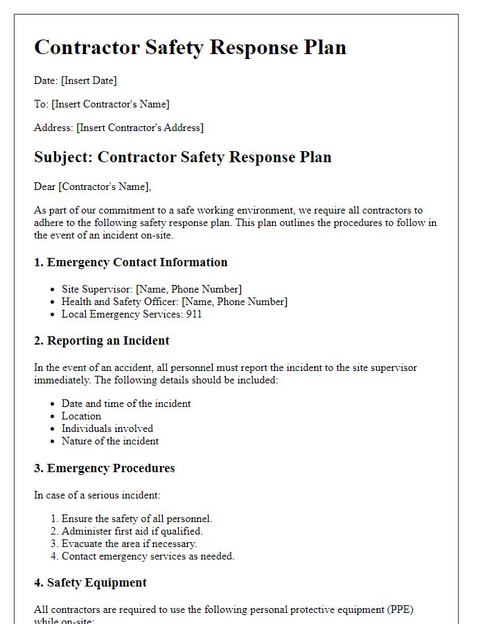 Letter template of contractor safety response plan.