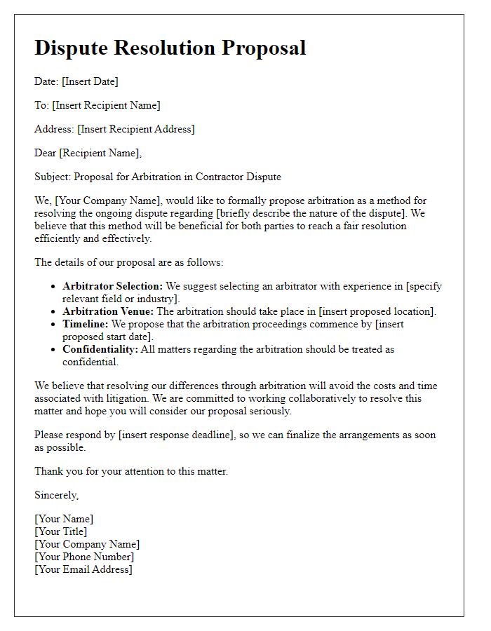 Letter template of contractor dispute resolution proposal for arbitration.