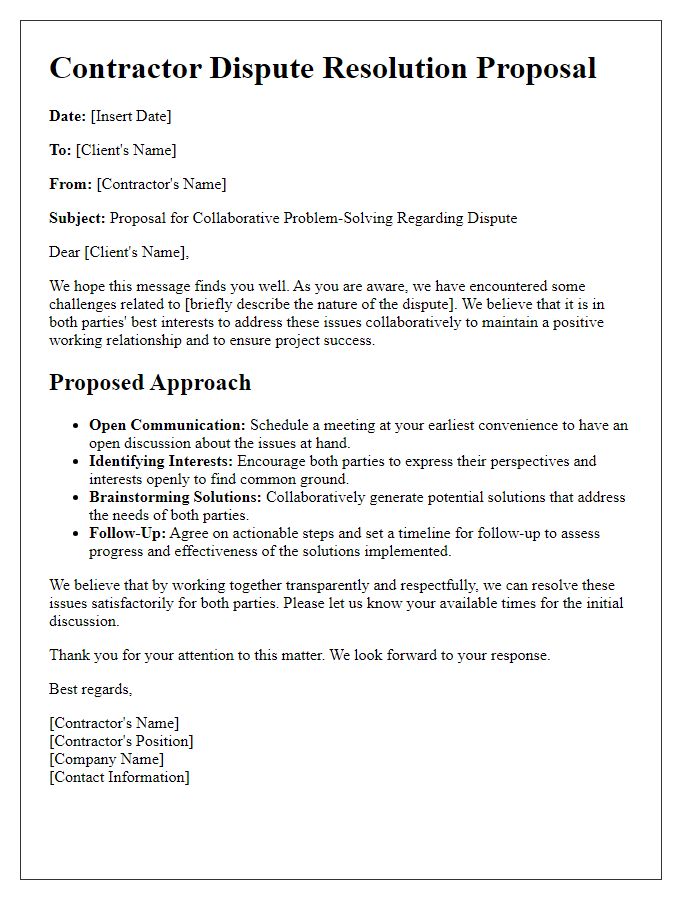 Letter template of contractor dispute resolution proposal for collaborative problem-solving.