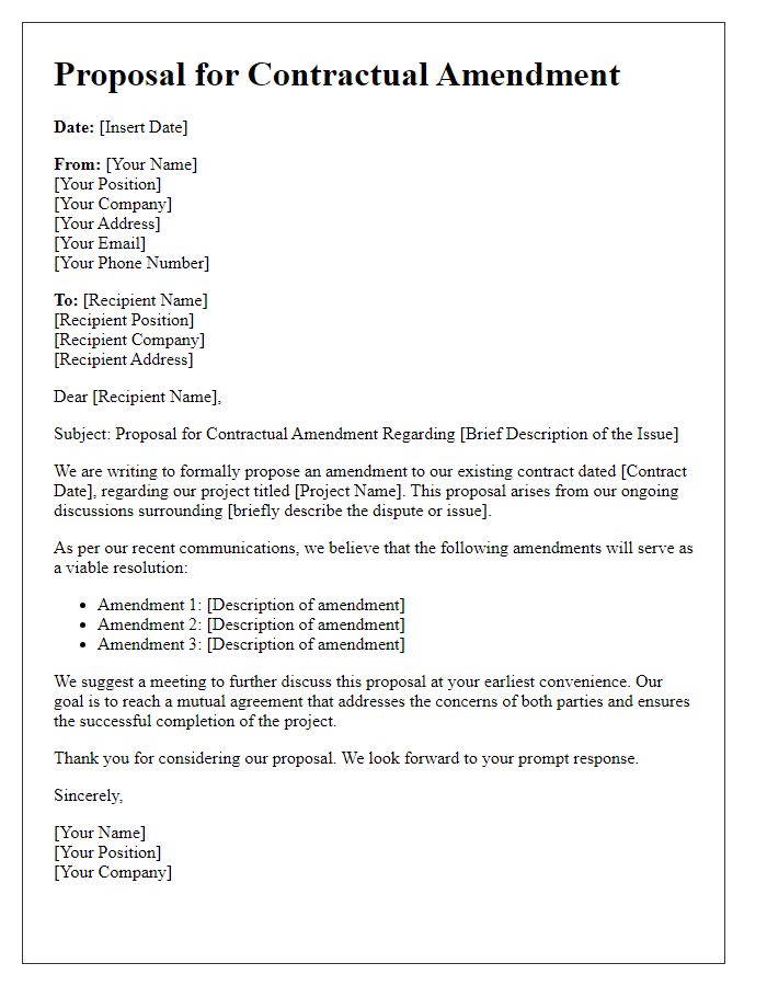 Letter template of contractor dispute resolution proposal for contractual amendment.