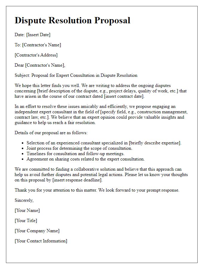 Letter template of contractor dispute resolution proposal for expert consultation.