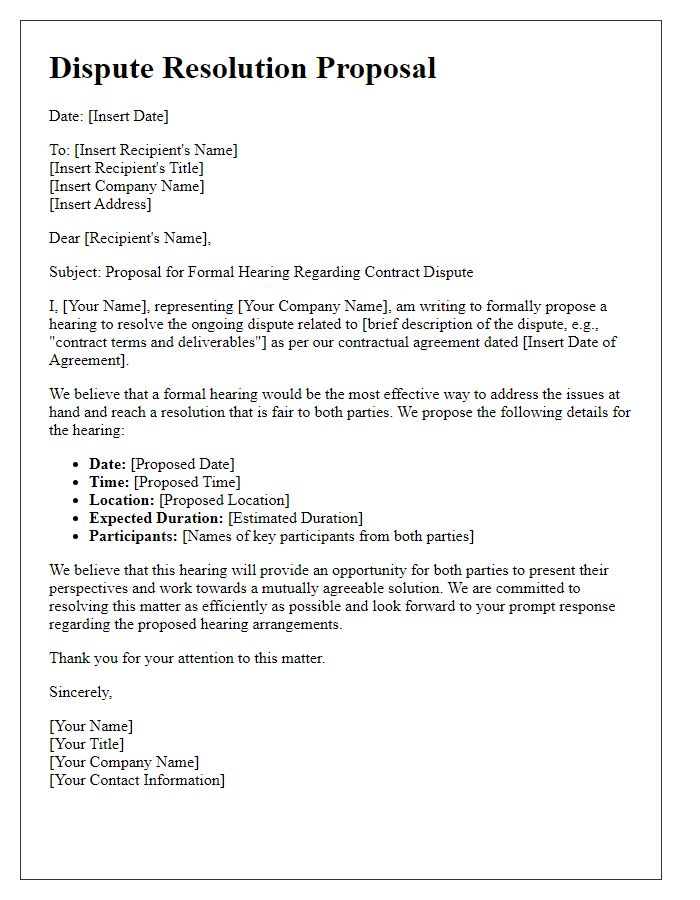 Letter template of contractor dispute resolution proposal for a formal hearing.