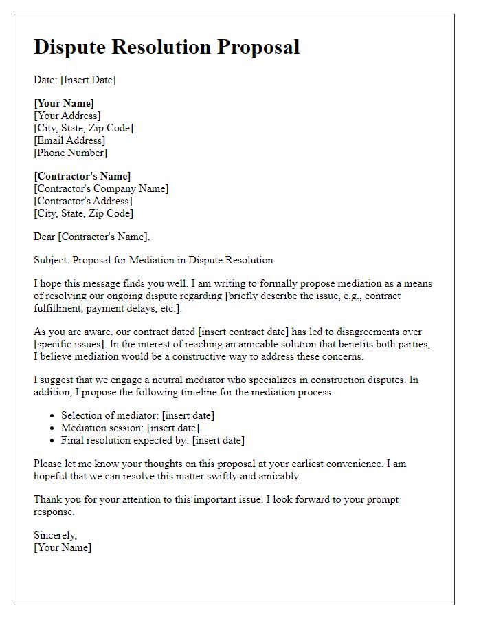 Letter template of contractor dispute resolution proposal for mediation.