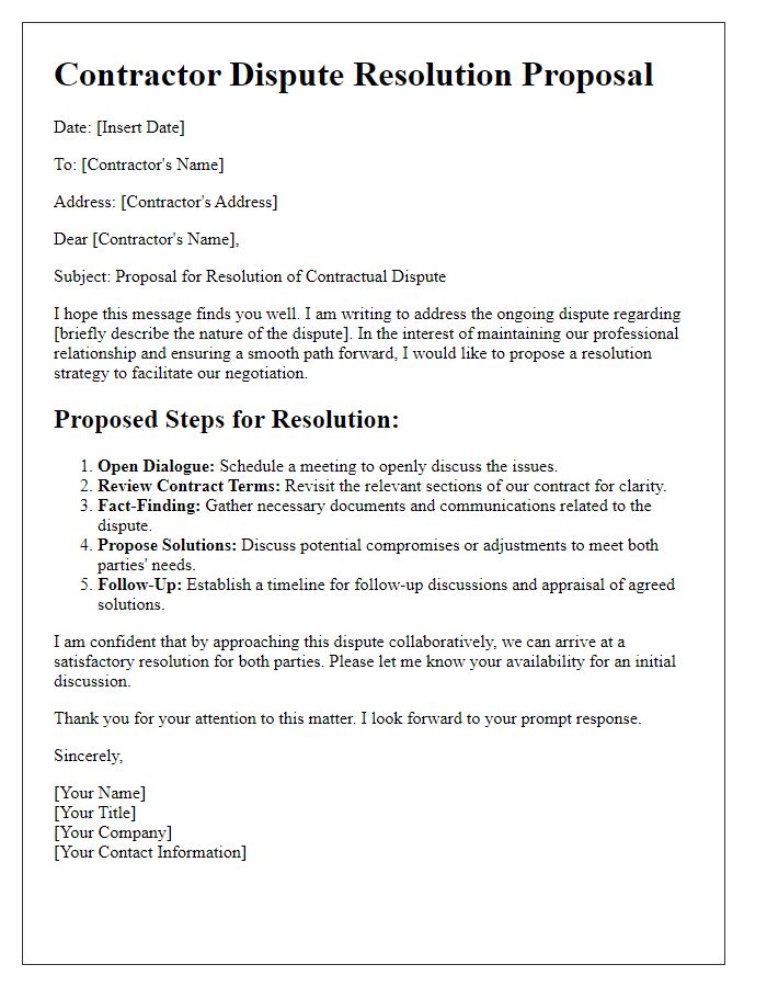 Letter template of contractor dispute resolution proposal for negotiation.