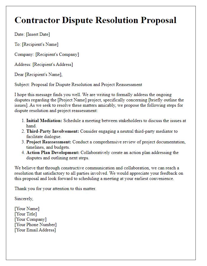 Letter template of contractor dispute resolution proposal for project reassessment.