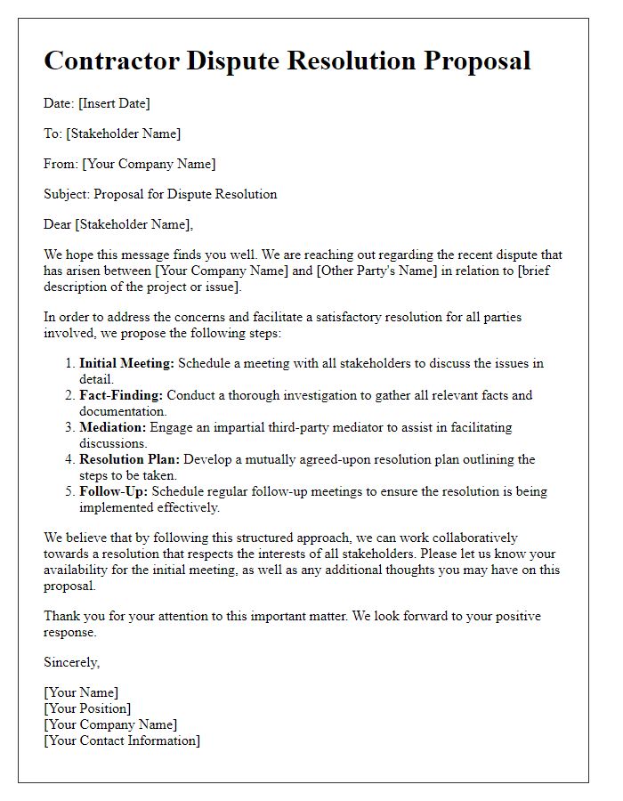 Letter template of contractor dispute resolution proposal for stakeholder engagement.