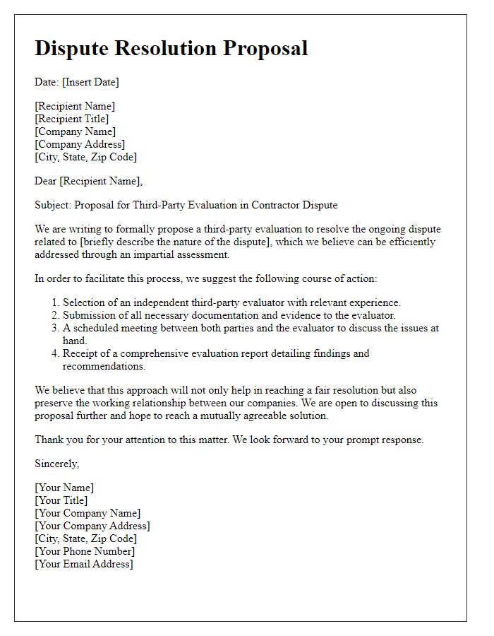 Letter template of contractor dispute resolution proposal for third-party evaluation.