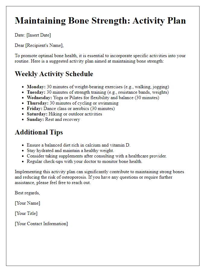 Letter template of activities for maintaining bone strength