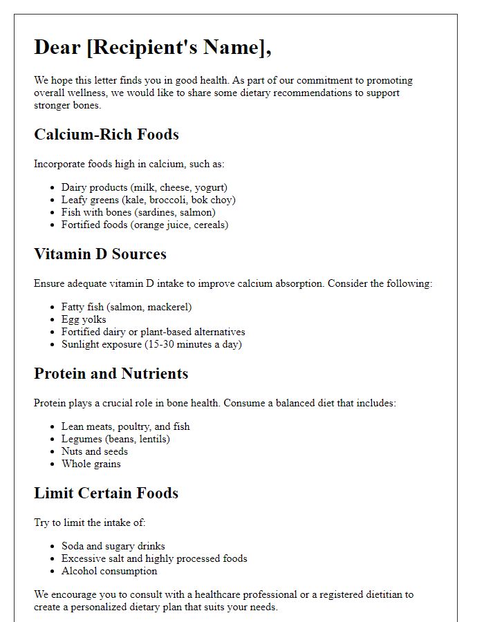 Letter template of dietary recommendations for stronger bones