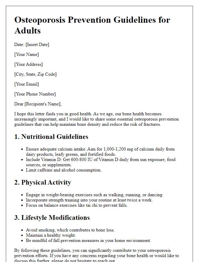 Letter template of essential osteoporosis prevention guidelines for adults