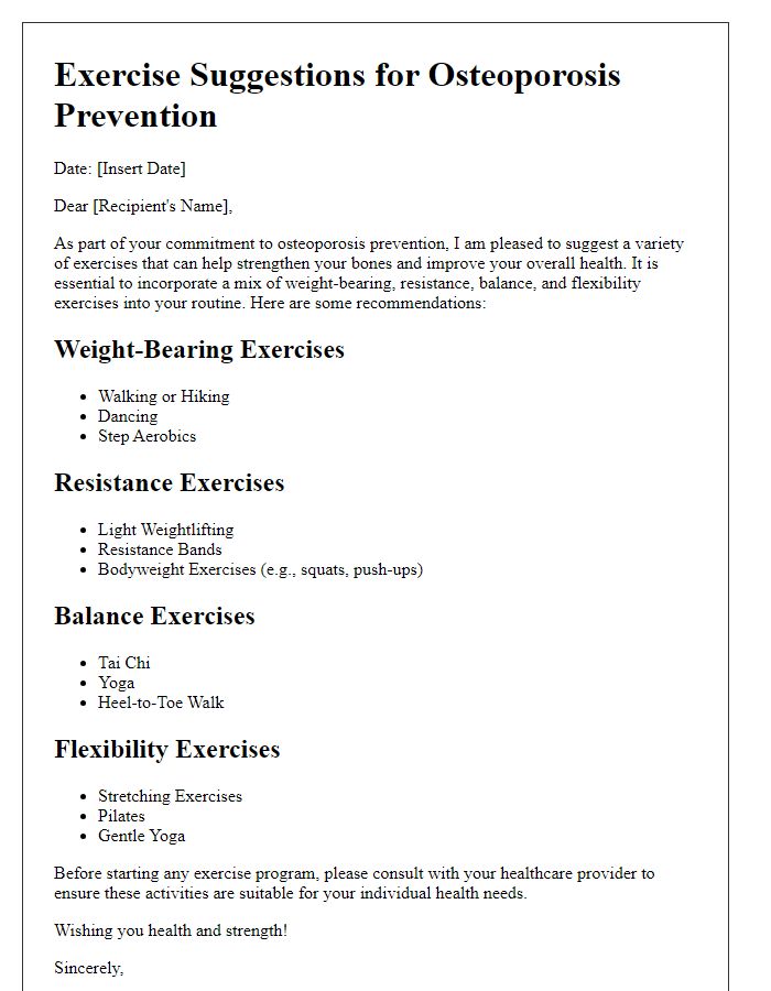 Letter template of exercise suggestions for osteoporosis prevention