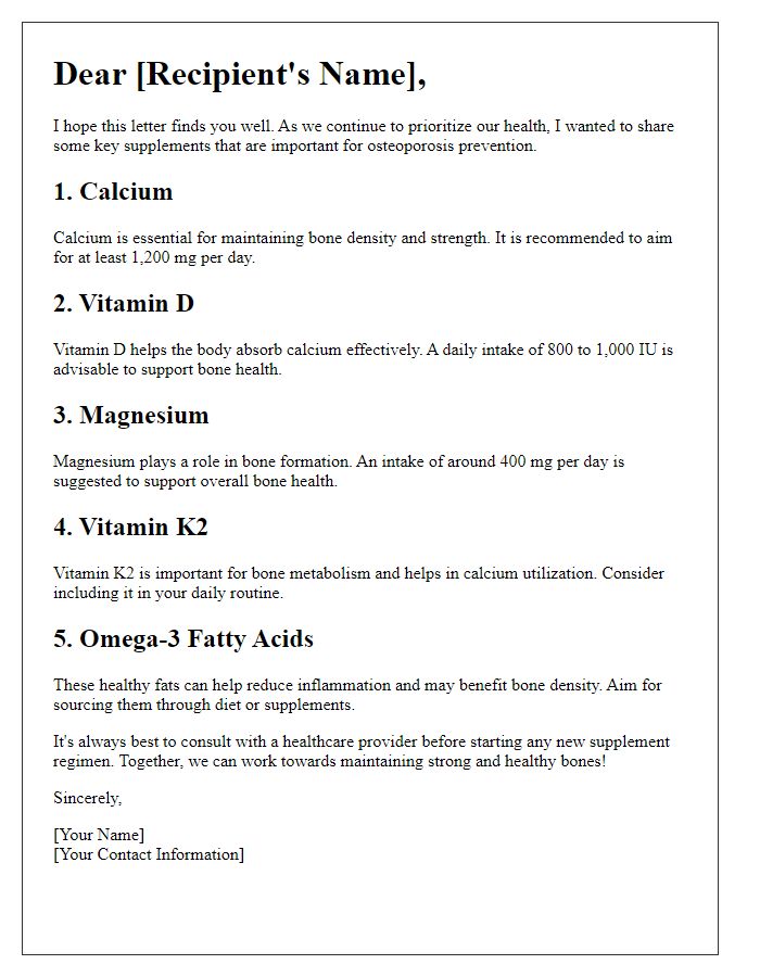 Letter template of key supplements for osteoporosis prevention