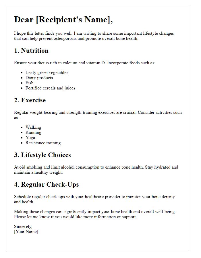 Letter template of lifestyle changes to prevent osteoporosis