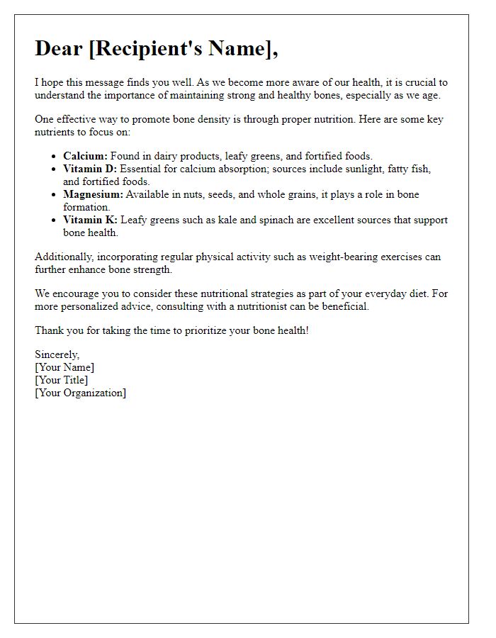 Letter template of promoting bone density through nutrition