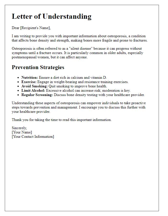 Letter template of understanding osteoporosis and its prevention