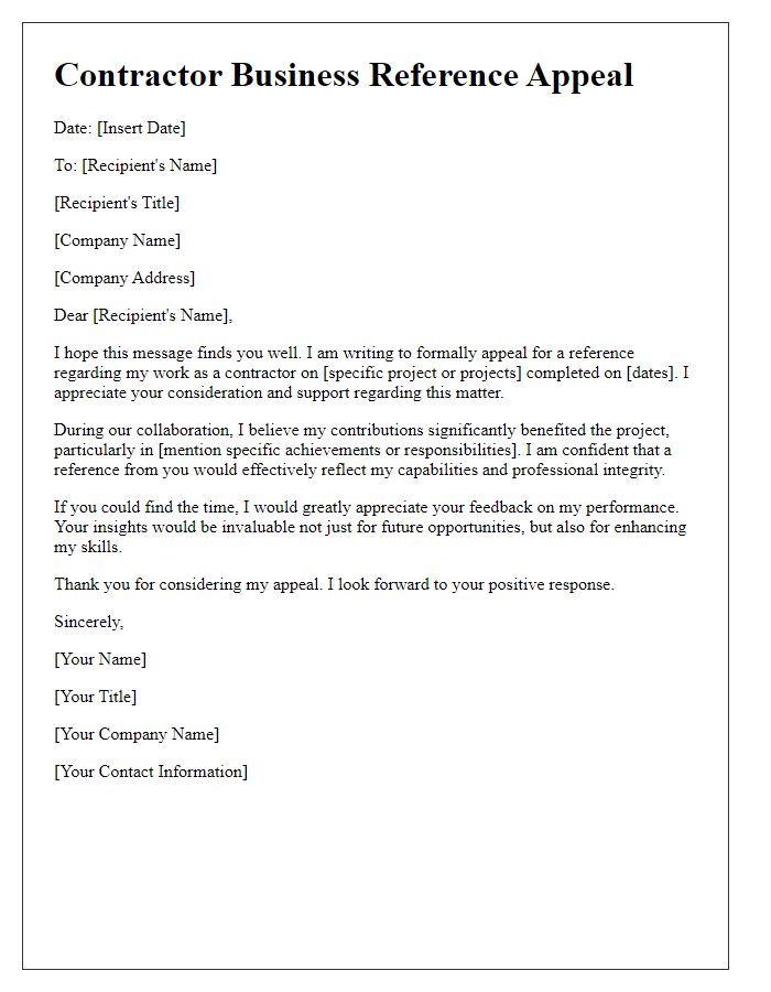 Letter template of contractor business reference appeal