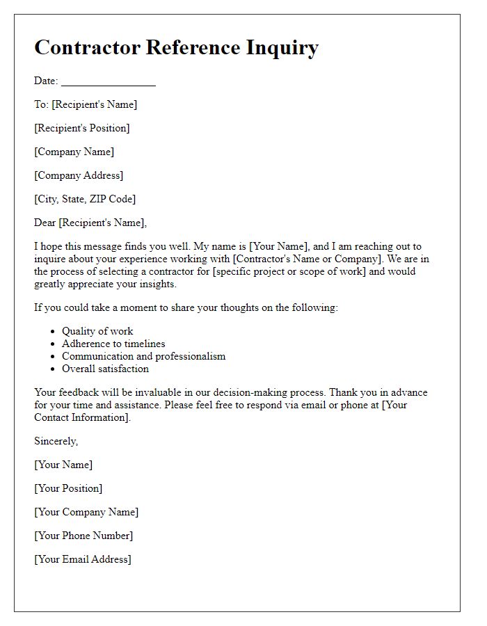 Letter template of contractor business reference inquiry for testimonials