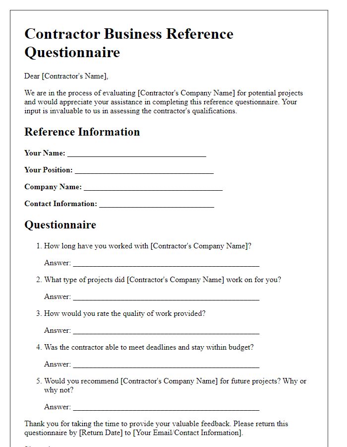 Letter template of contractor business reference questionnaire