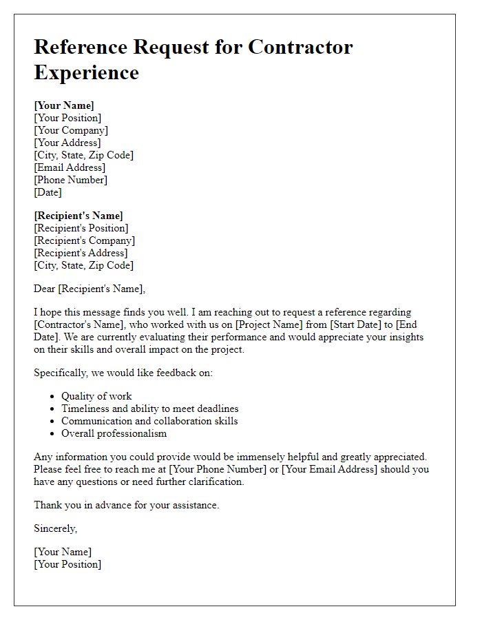 Letter template of contractor experience reference request