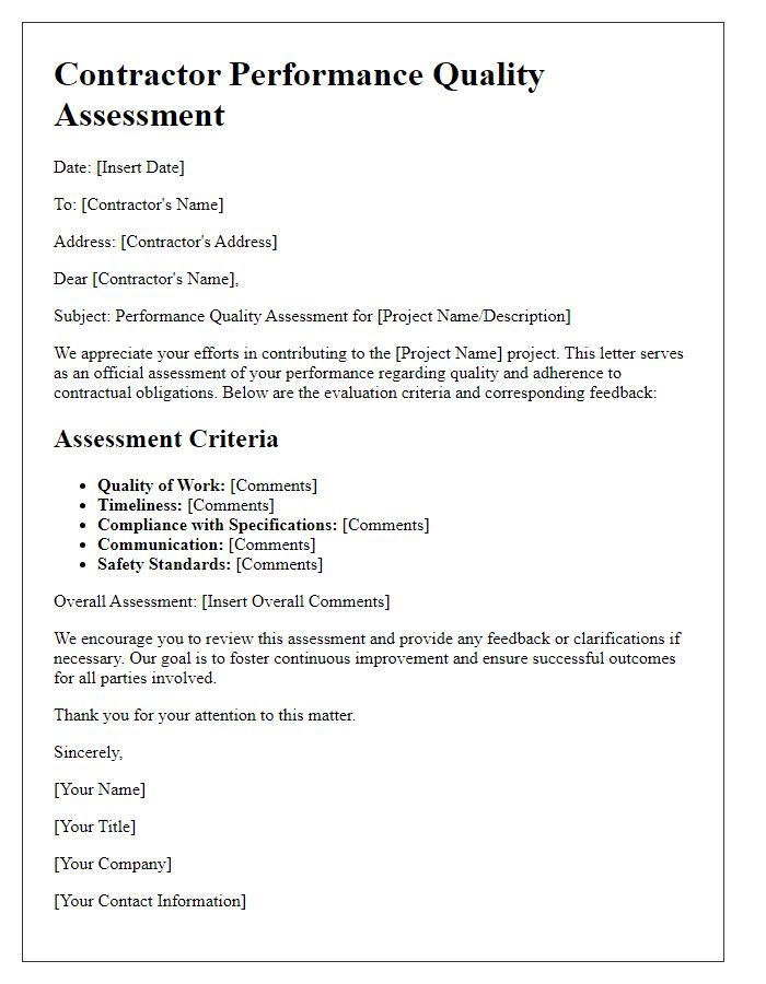 Letter template of Contractor Performance Quality Assessment