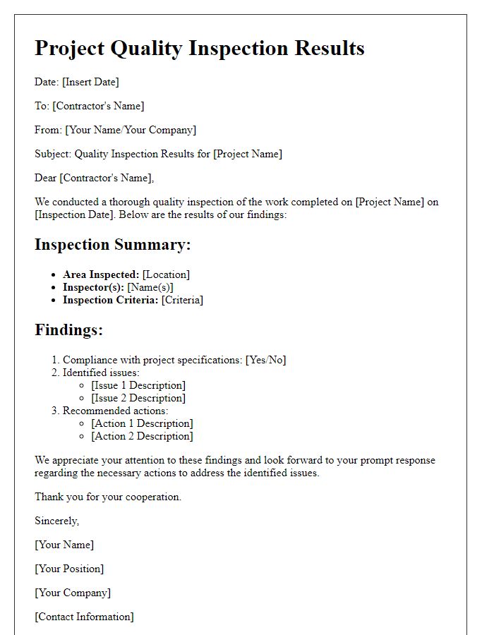 Letter template of Project Quality Inspection Results for Contractors