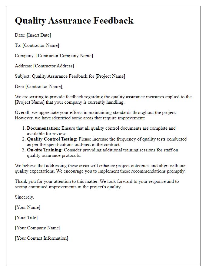 Letter template of Quality Assurance Feedback for Contractor Project