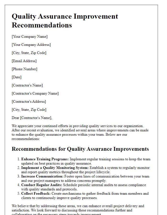 Letter template of Quality Assurance Improvement Recommendations for Contractors