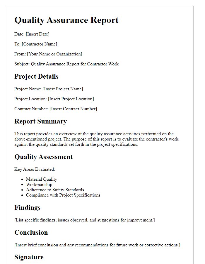 Letter template of Quality Assurance Report for Contractor Work