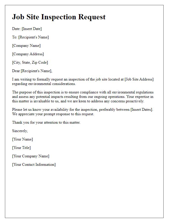 Letter template of contractor job site inspection request for environmental considerations.