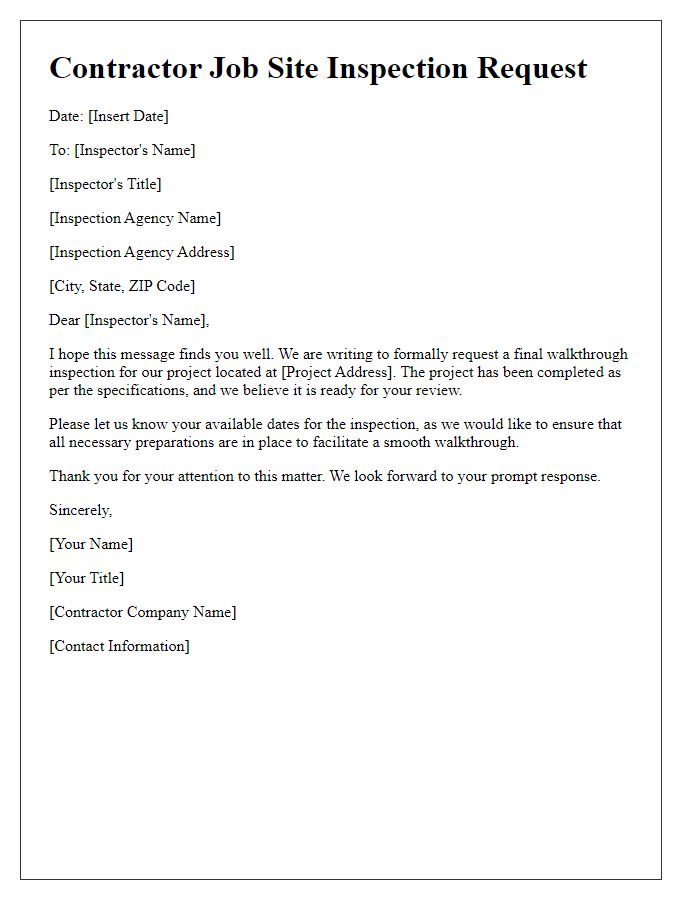 Letter template of contractor job site inspection request for final walkthrough.