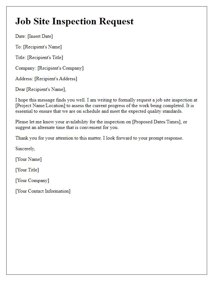 Letter template of contractor job site inspection request for progress update.