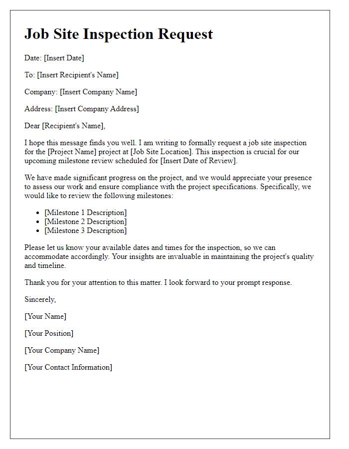 Letter template of contractor job site inspection request for project milestone review.