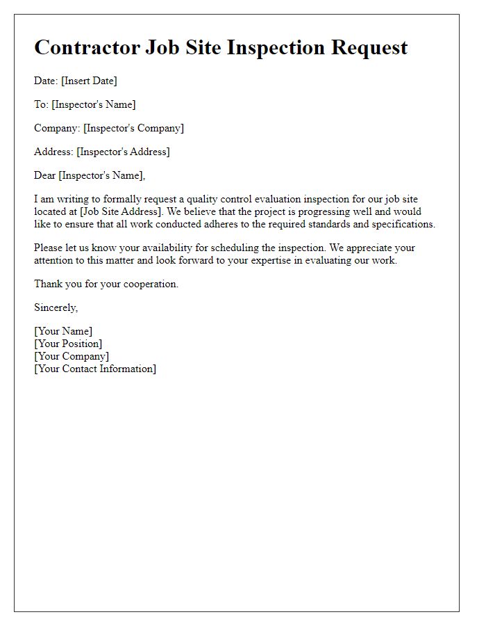 Letter template of contractor job site inspection request for quality control evaluation.