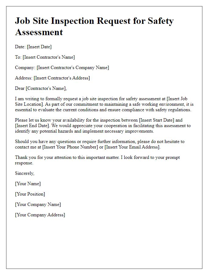 Letter template of contractor job site inspection request for safety assessment.