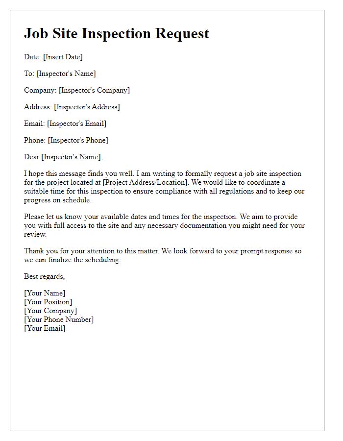 Letter template of contractor job site inspection request for scheduling coordination.