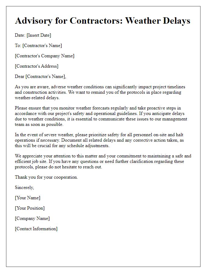 Letter template of Advisory for Contractors Regarding Weather Delays