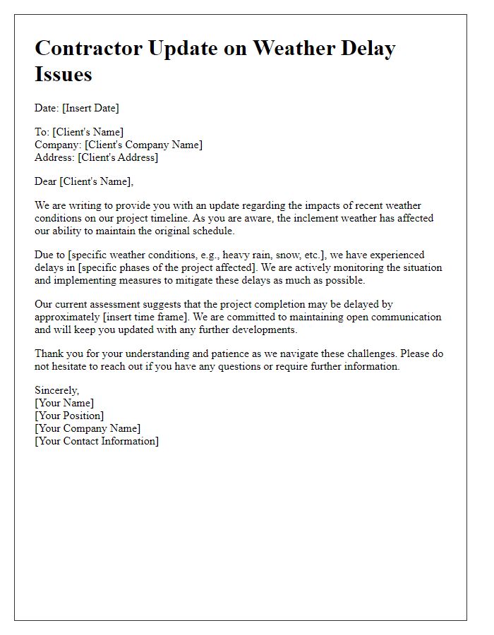 Letter template of Contractor Update on Weather Delay Issues