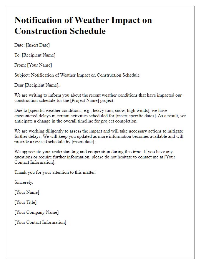 Letter template of Notification of Weather Impact on Construction Schedule