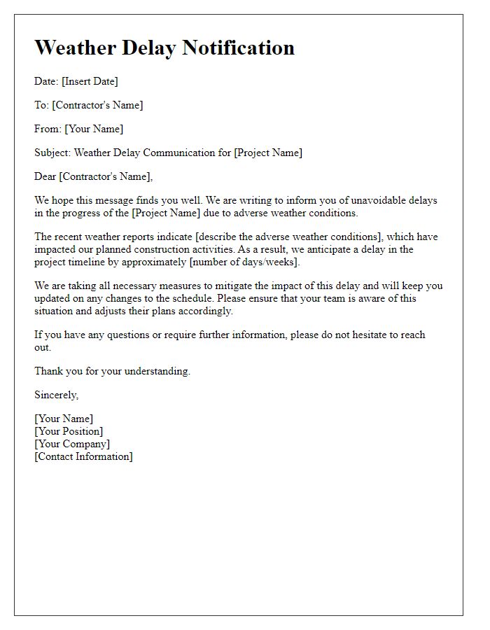 Letter template of Weather Delay Communication for Project Contractors