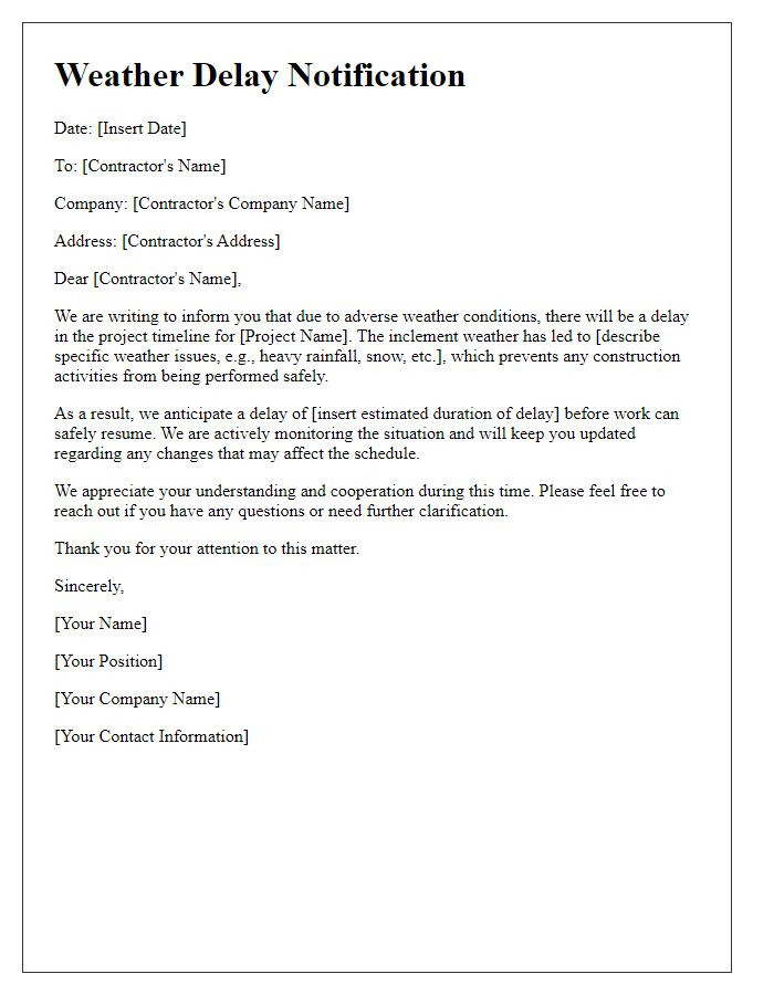 Letter template of Weather Delay Notification for Contractors