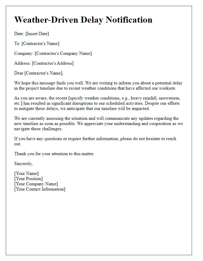 Letter template of Weather-Driven Delay Notification to Contractors