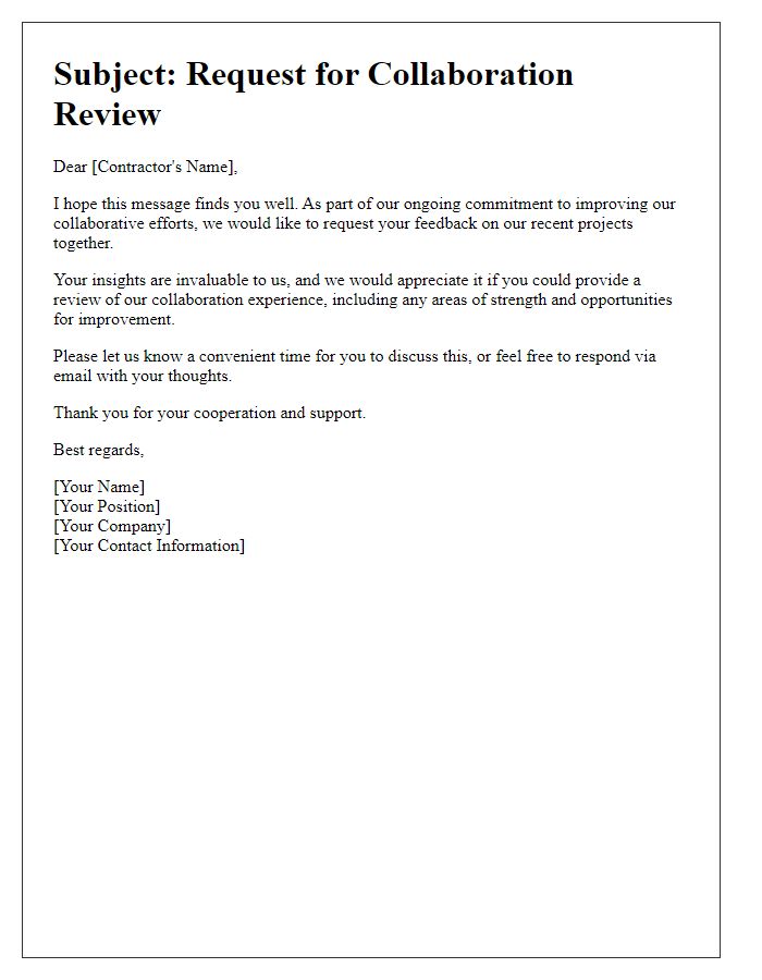 Letter template of contractor collaboration review request.