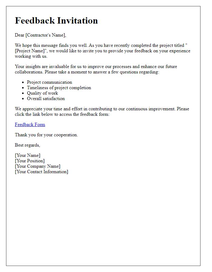 Letter template of contractor completion feedback invitation.