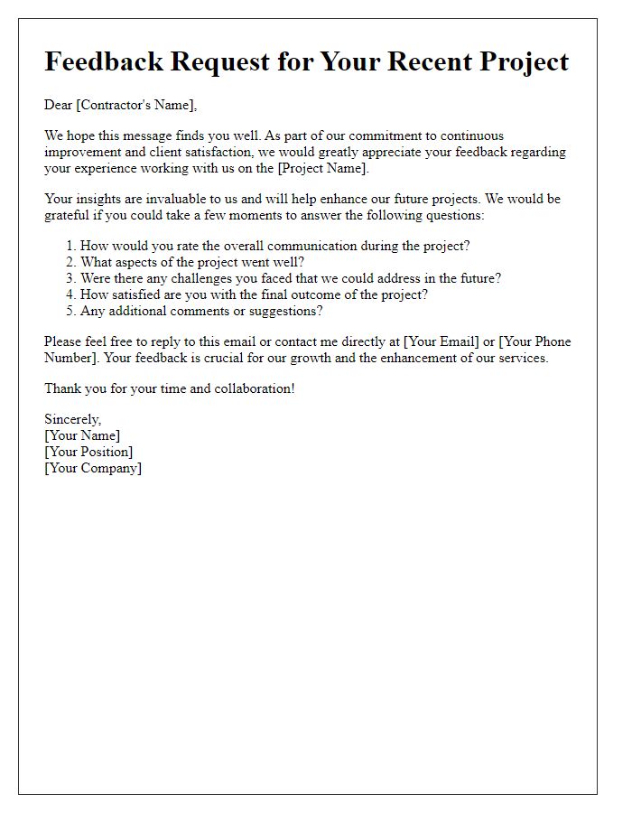 Letter template of contractor experience feedback solicitation.