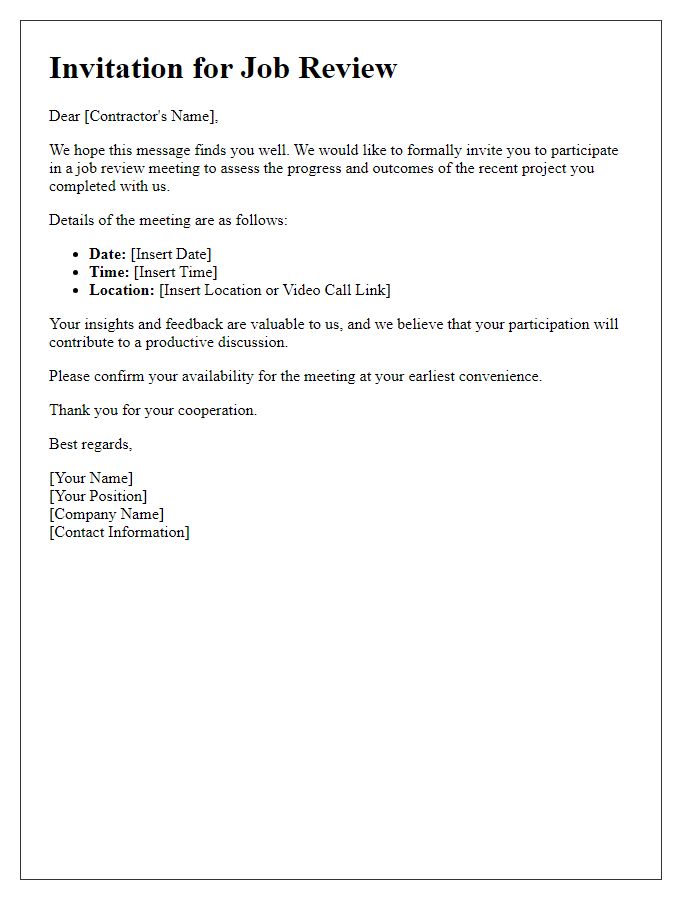 Letter template of contractor job review invitation.