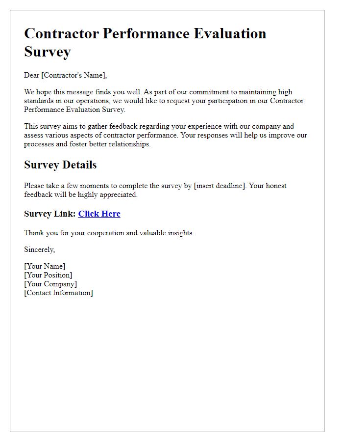 Letter template of contractor performance evaluation survey.