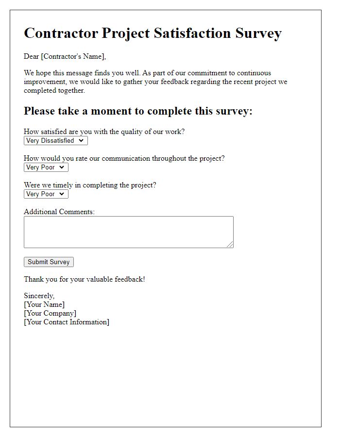 Letter template of contractor project satisfaction survey.