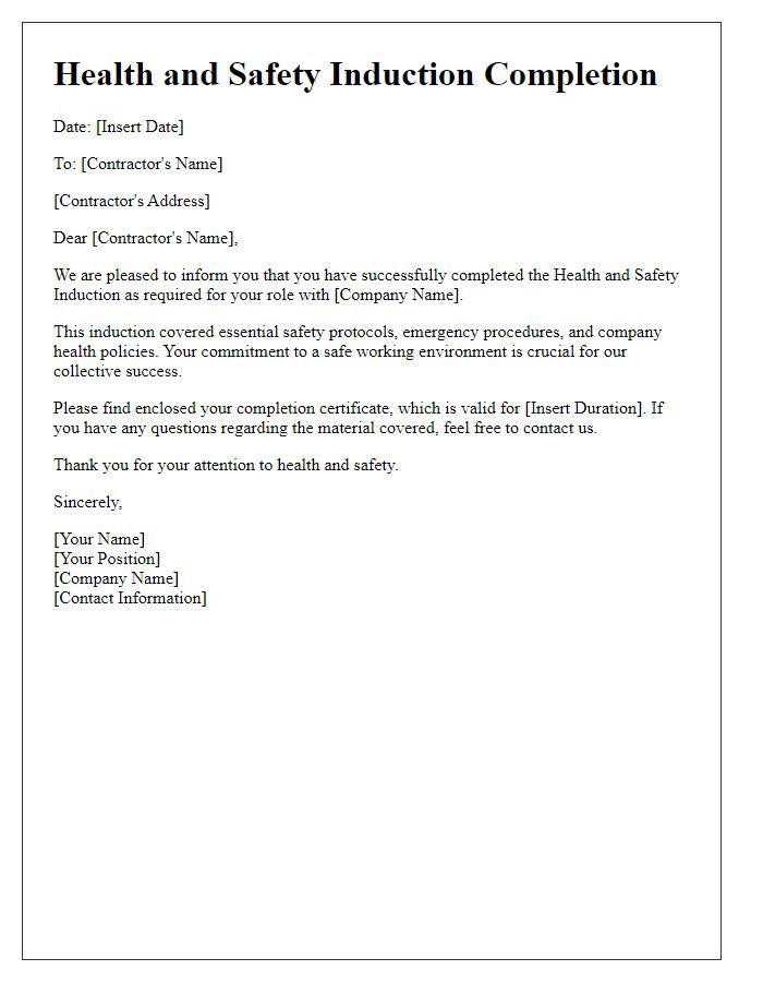 Letter template of contractor health and safety induction completion